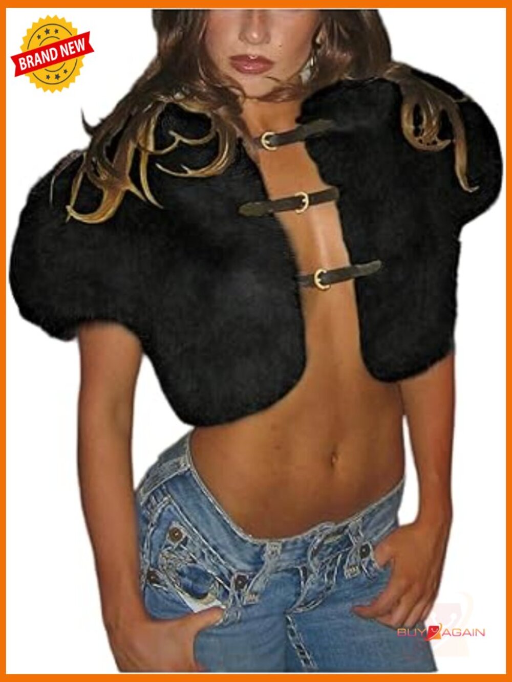Super Crop Faux Fur Coat Short Sleeve Collared Going Out Jacket